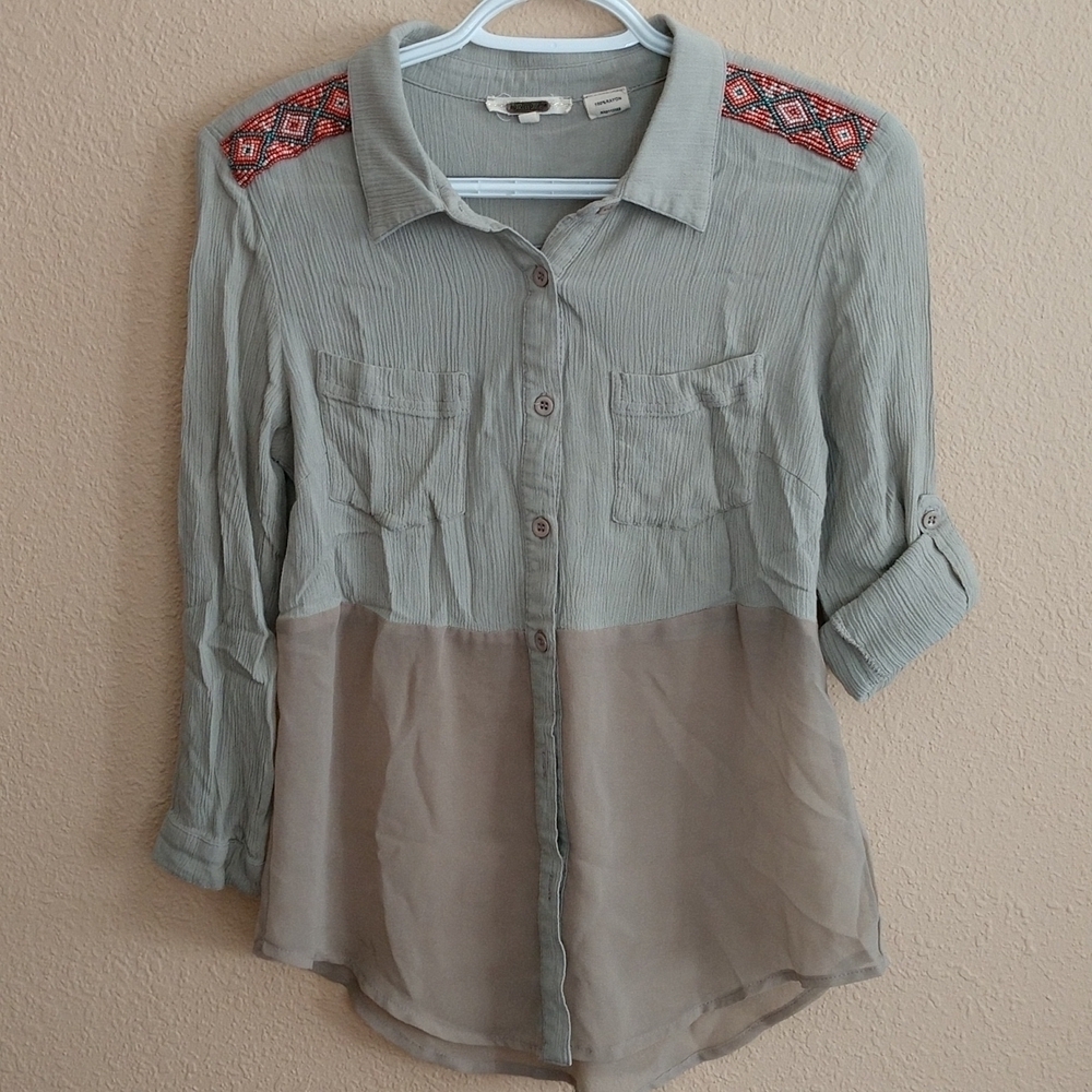 Miss Me Beige Blouse with Beaded Shoulders Size S